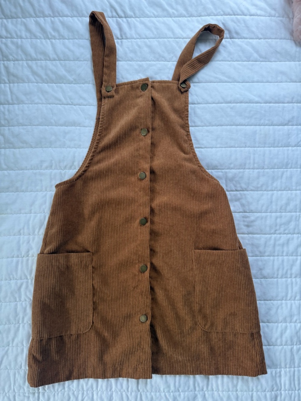 Corduroy Button-Front Pinafore Dress in Warm Brown